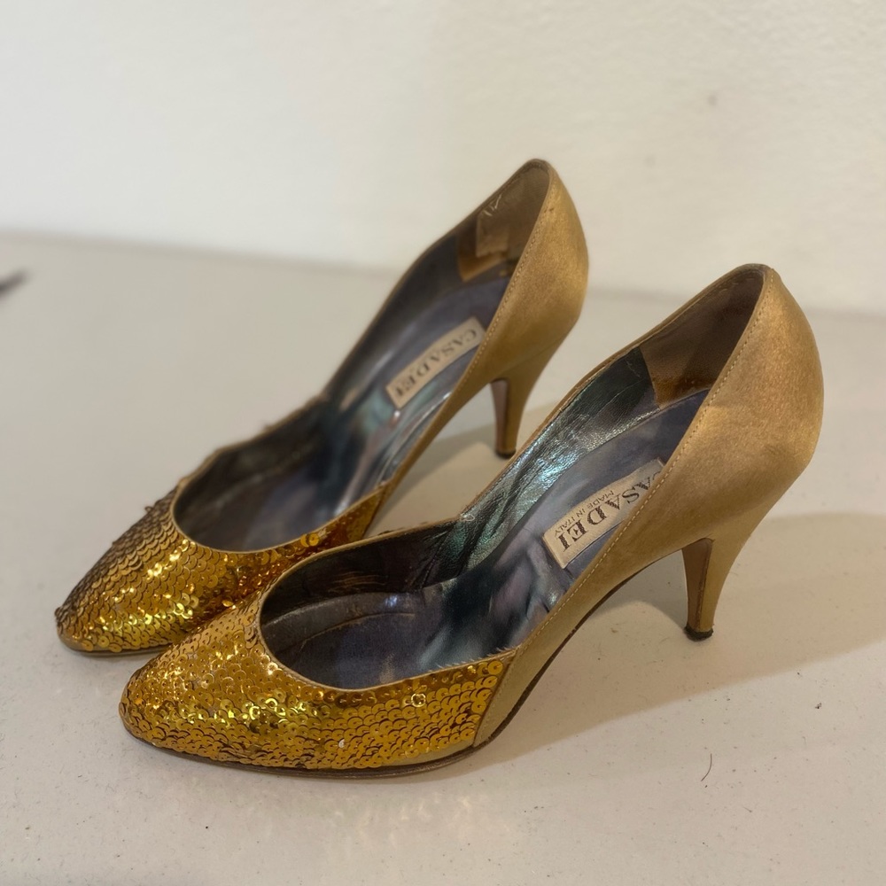 Italian made bronze evening shoes. Vintage, circa 1985.